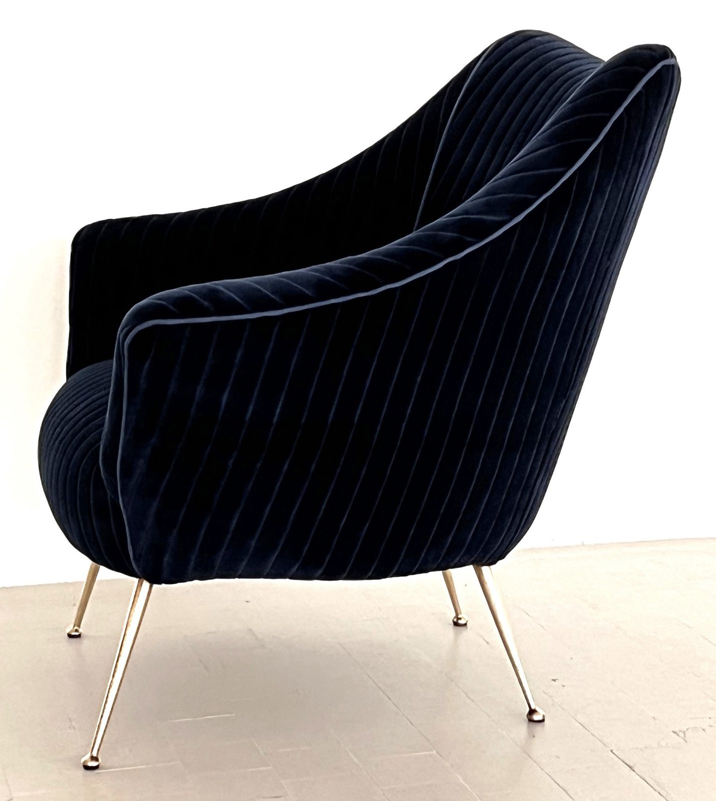 Italian Mid Century Armchair With Brass Legs Reupholstered In Magnificent Blue Velvet photo vinterior