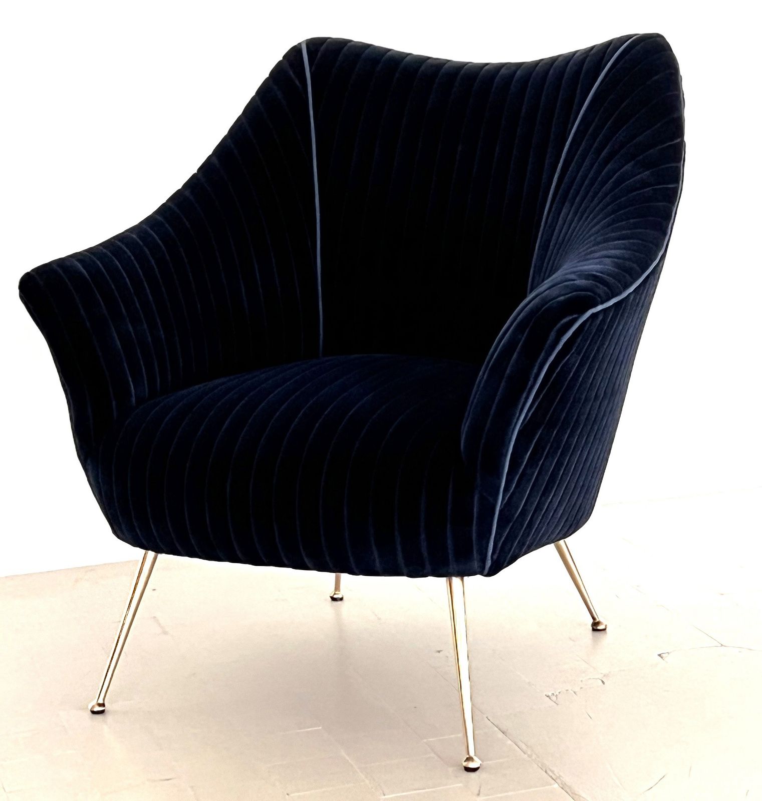 Italian Mid Century Armchair With Brass Legs Reupholstered In Magnificent Blue Velvet photo buy