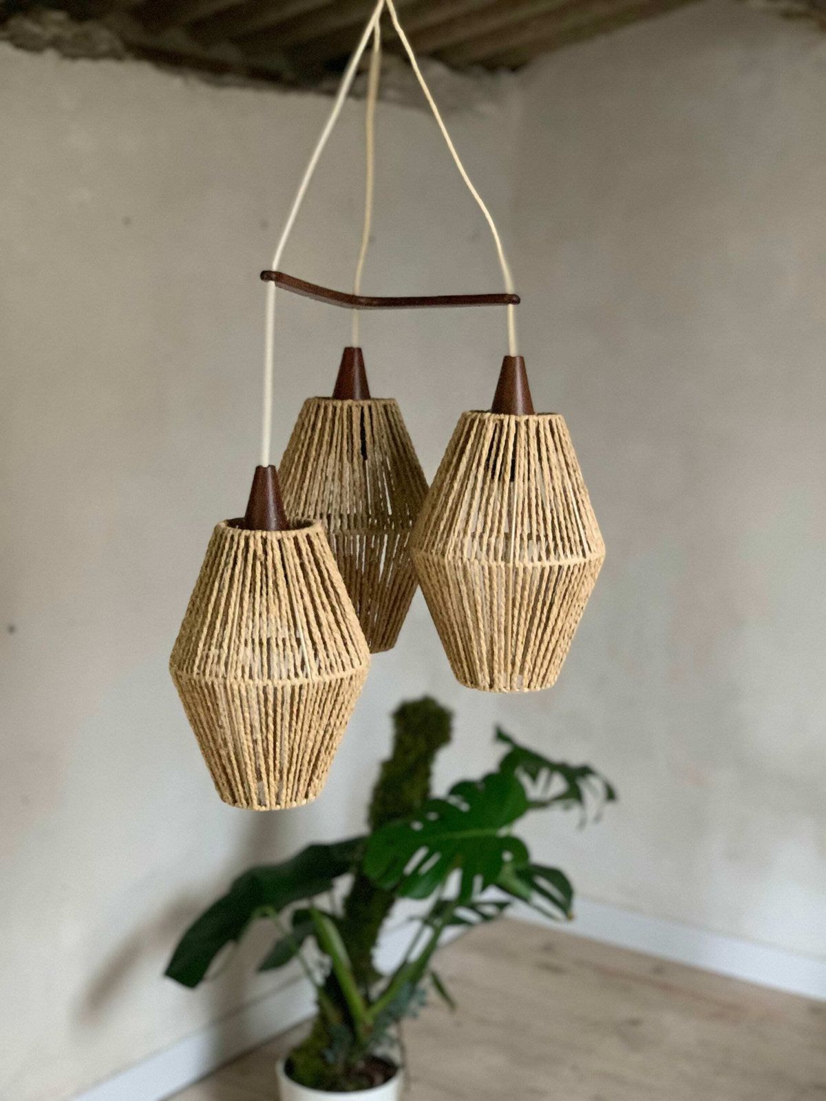 Vintage Scandinavian Boomerang Pendant Light In Teak And Rope