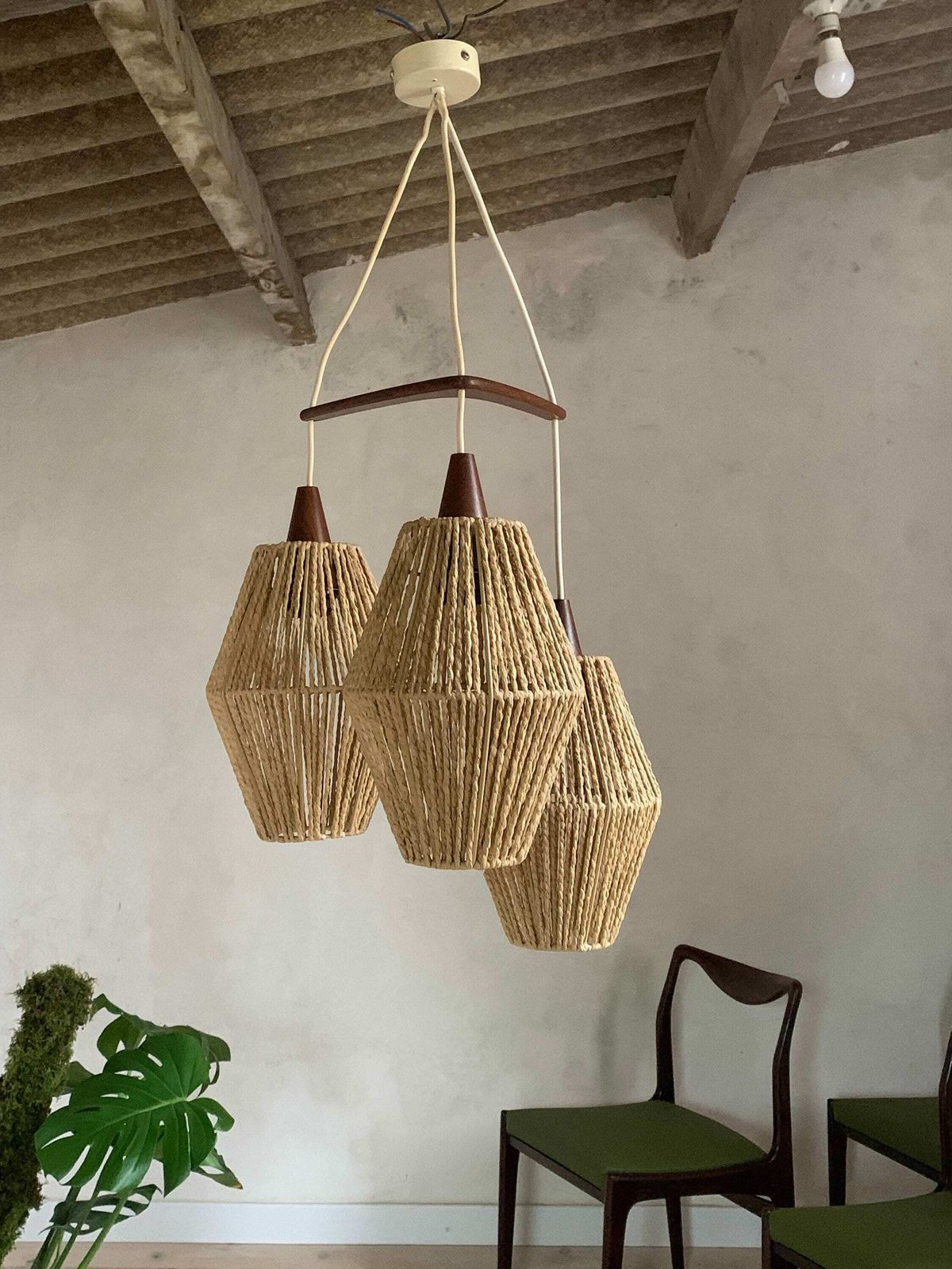 Vintage Scandinavian Boomerang Pendant Light In Teak And Rope photo for sale