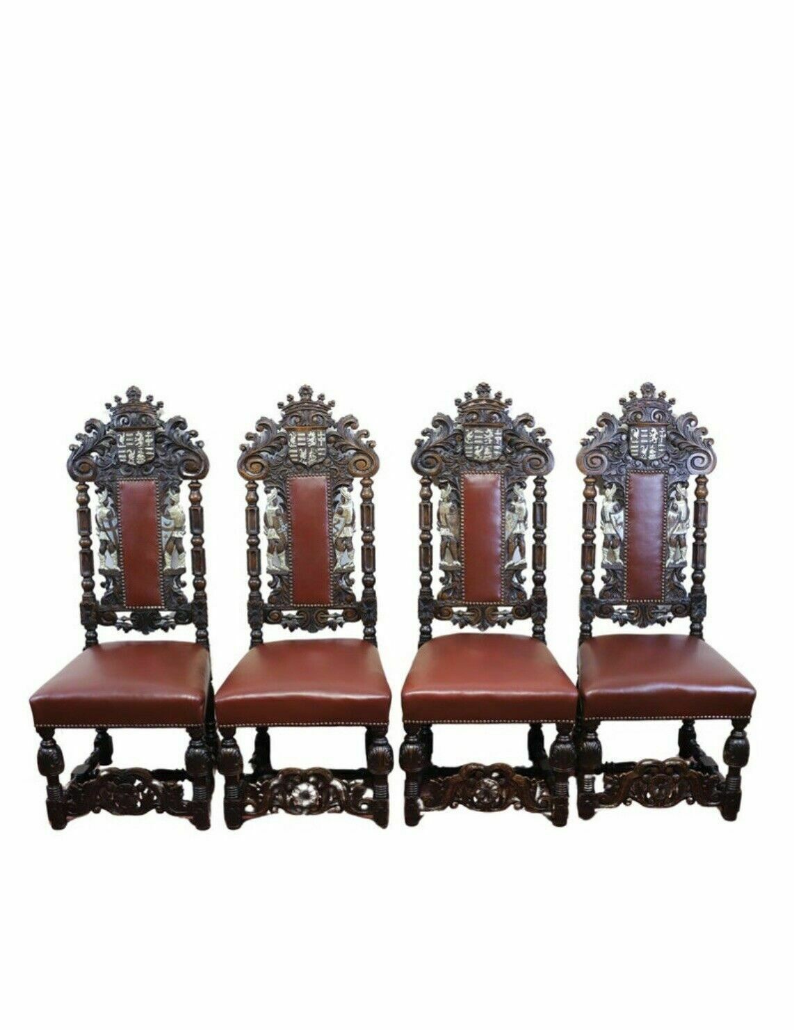 Stunning Set Of Four Victorian Heavily Carved Oak Dining Chairs