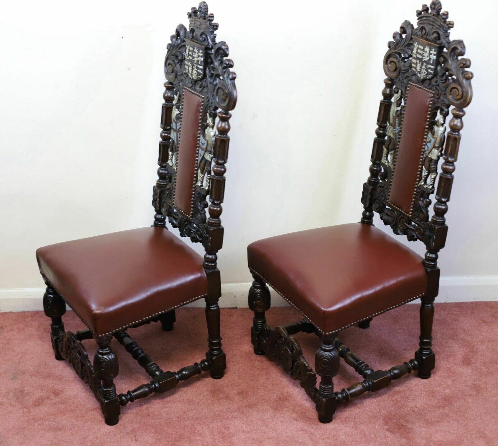 Stunning Set Of Four Victorian Heavily Carved Oak Dining Chairs photo Furniture
