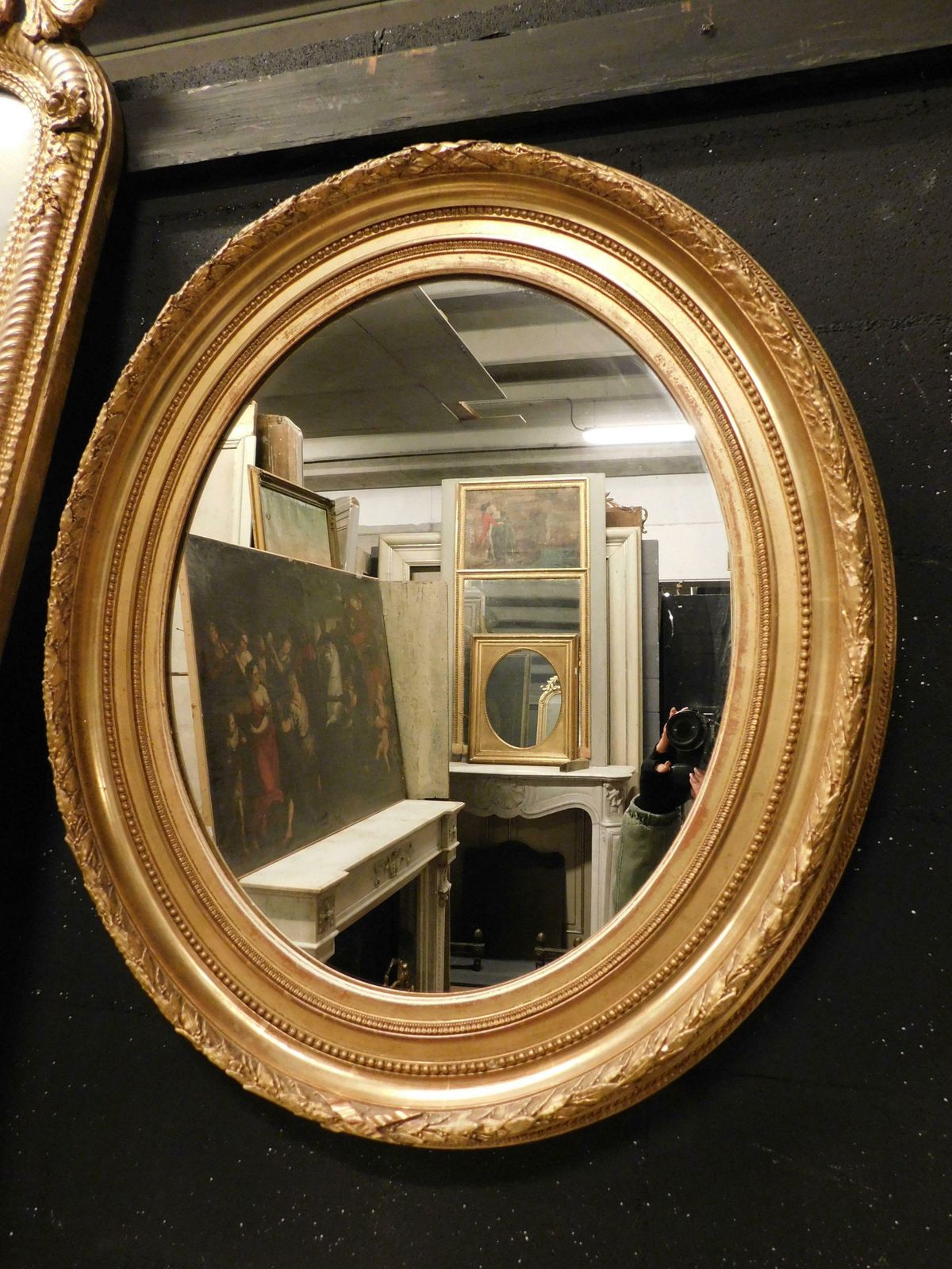 Old Oval Mirror In Gilded Wood Carved, Italy photo for sale