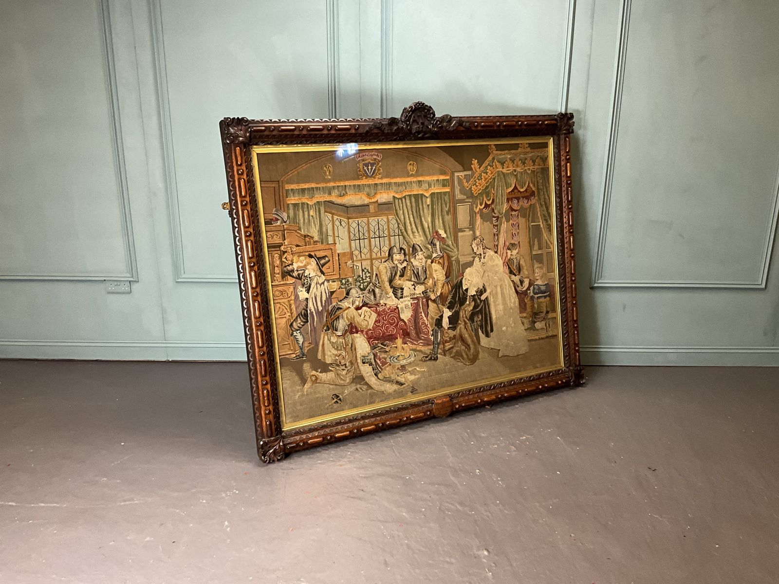 Huge Victorian Tapestry In Ornately Carved Oak Frame. Civil War Interest photo Art