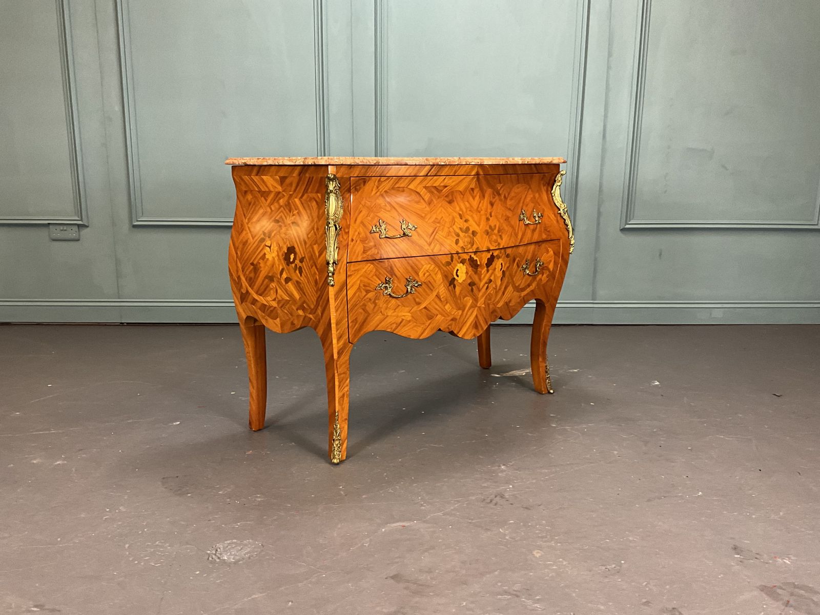Marble Topped Inlaid Bombe Chest Of Drawers photo for sale