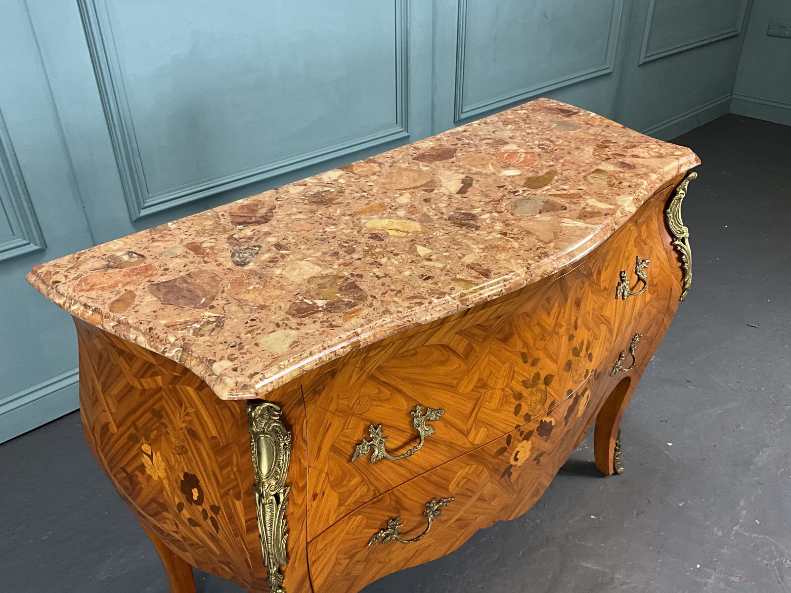 Marble Topped Inlaid Bombe Chest Of Drawers photo 540.0