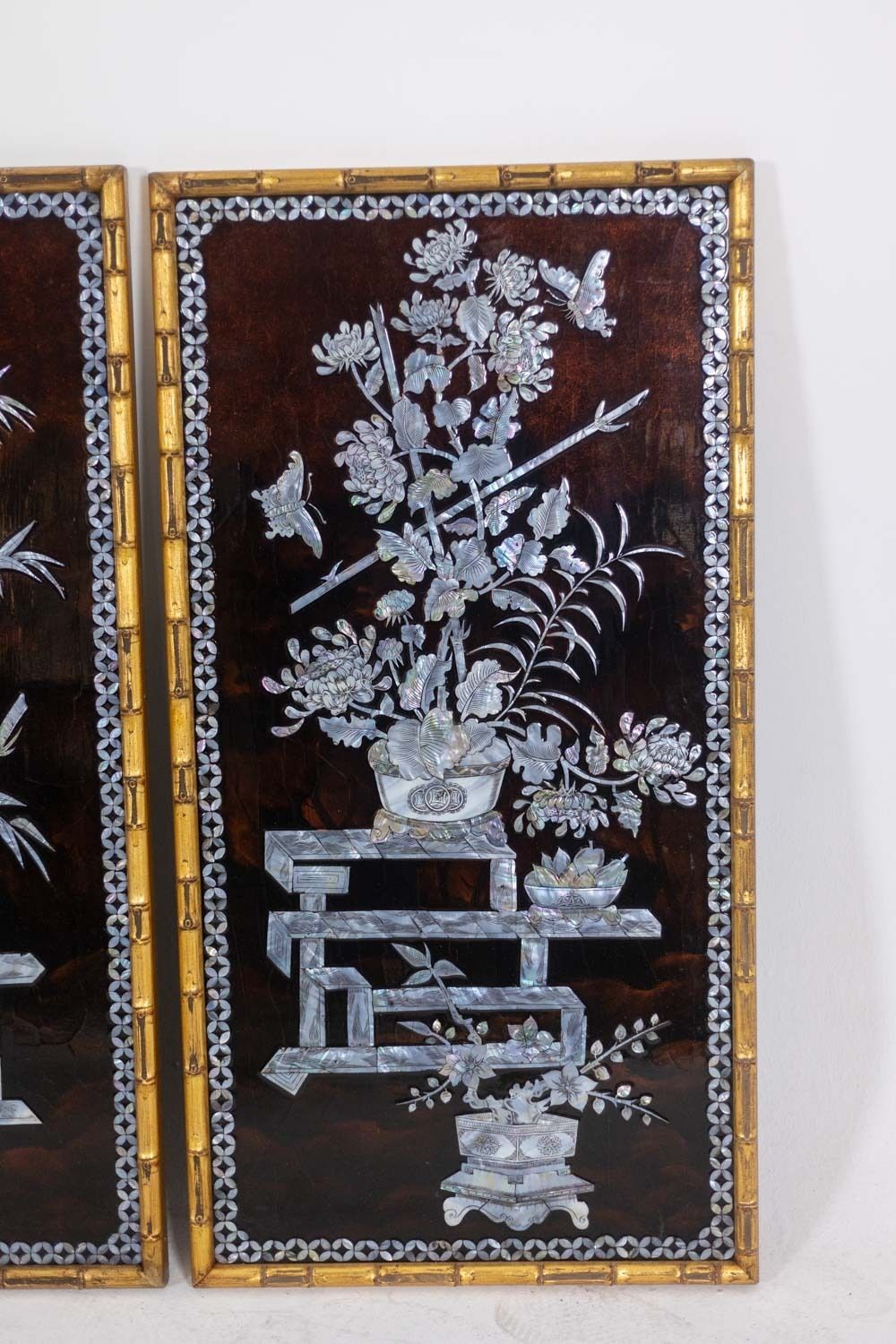Set Of Four Asian Style Lacquer Panels. 1950s. photo vintage