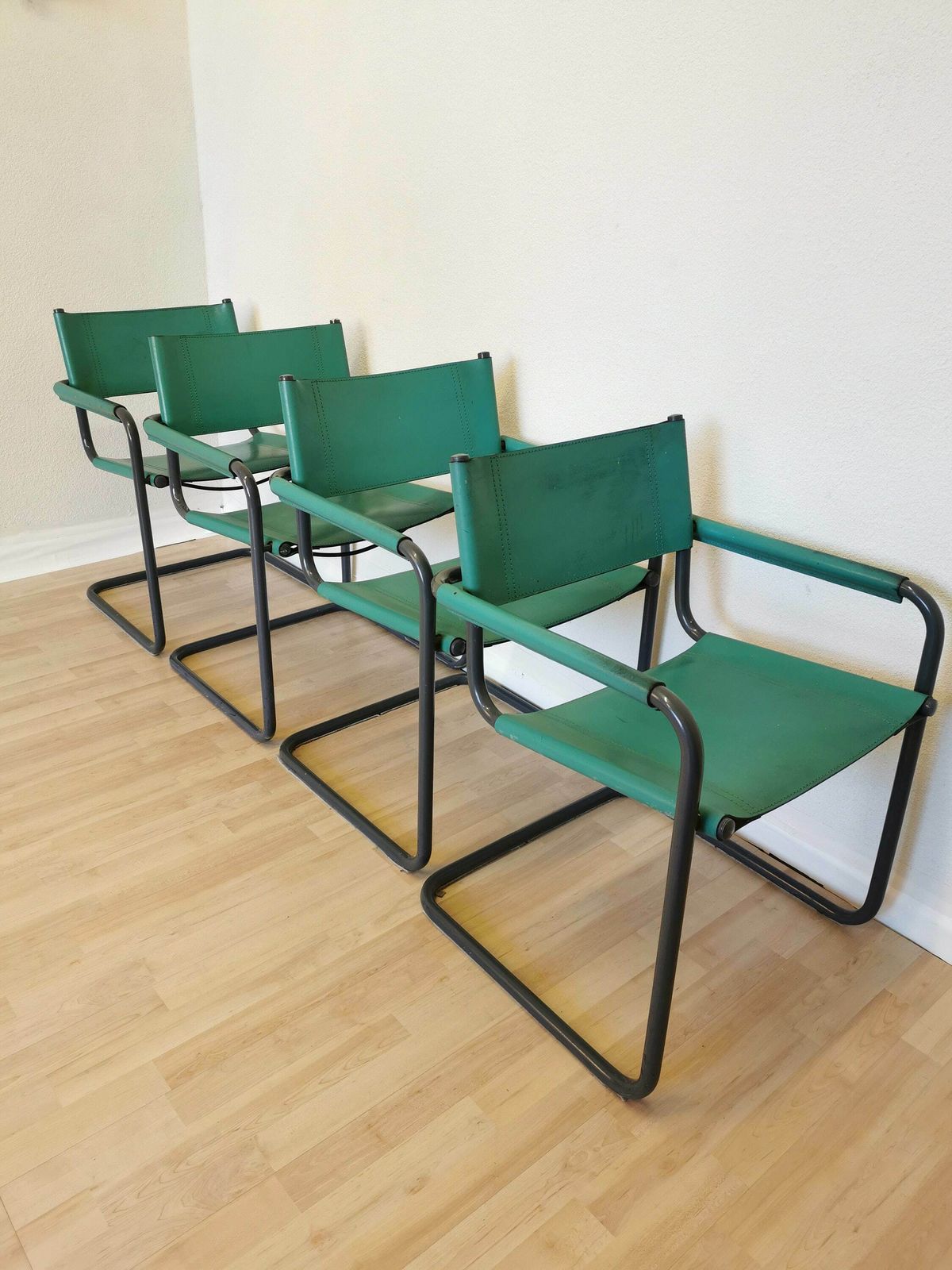 1 Of 4 Vintage Mart Stam Style S34 Armchairs With Turquoise Leather / Mid Century Cantilever Marcel Breuer Black Tubular Blue Dining Chair photo furniture