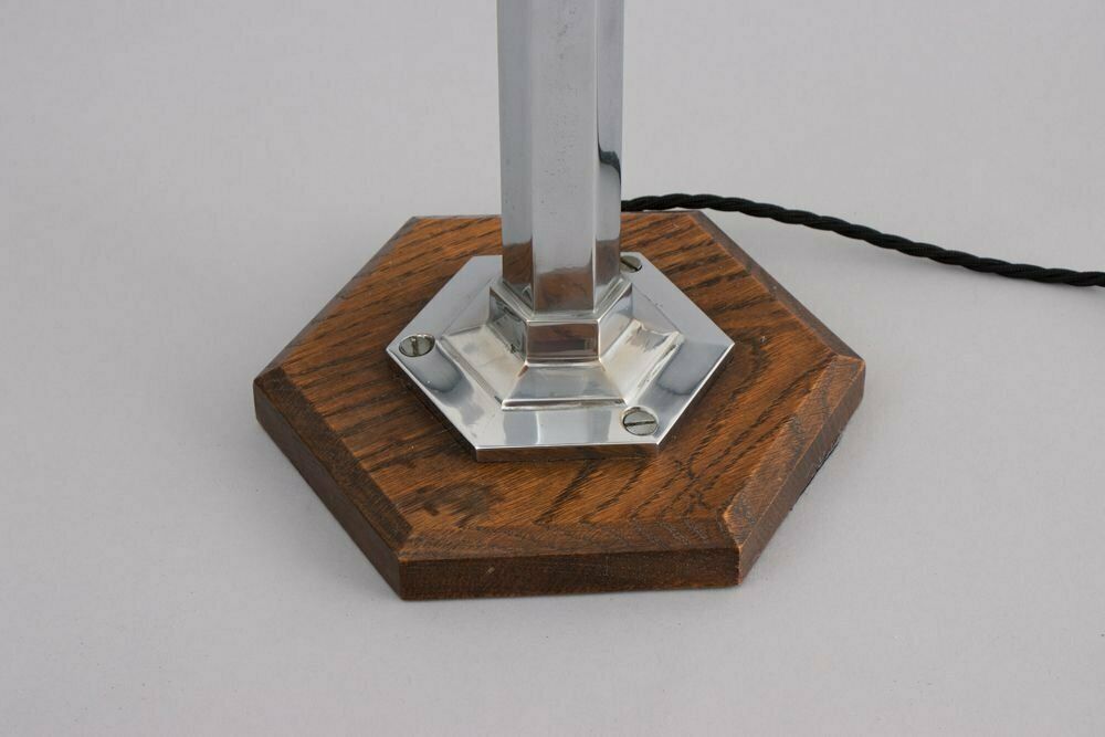 Art Deco Table Lamp On Hexagonal Base With Opal Skyscraper Shade, British C.1930 photo Lighting