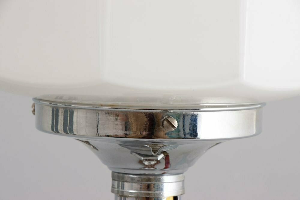 Art Deco Table Lamp On Hexagonal Base With Opal Skyscraper Shade, British C.1930 photo vinterior