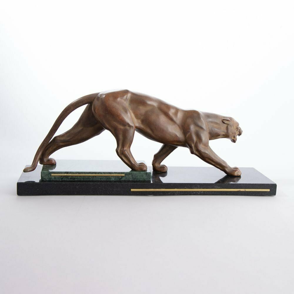 Art Deco Patinated Bronze Muscular Panther On A Stepped Marble Base With Brass Trims C.1930 photo furniture