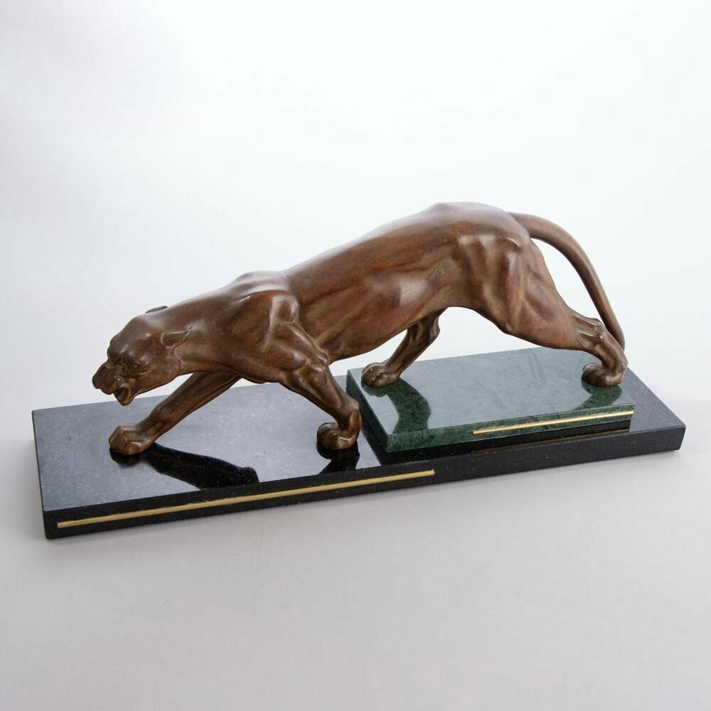 Art Deco Patinated Bronze Muscular Panther On A Stepped Marble Base With Brass Trims C.1930 photo for sale