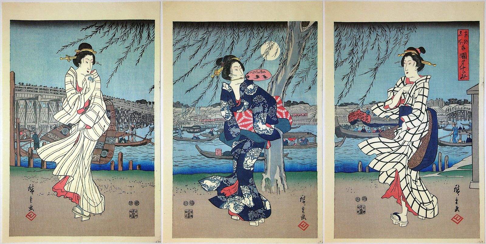Utagawa Hiroshige, Enjoying The Evening Cool At Ryōgoku, Reproduction Japanese Woodblock Print Triptych, 1847 (Originally), 1969 (This Print)