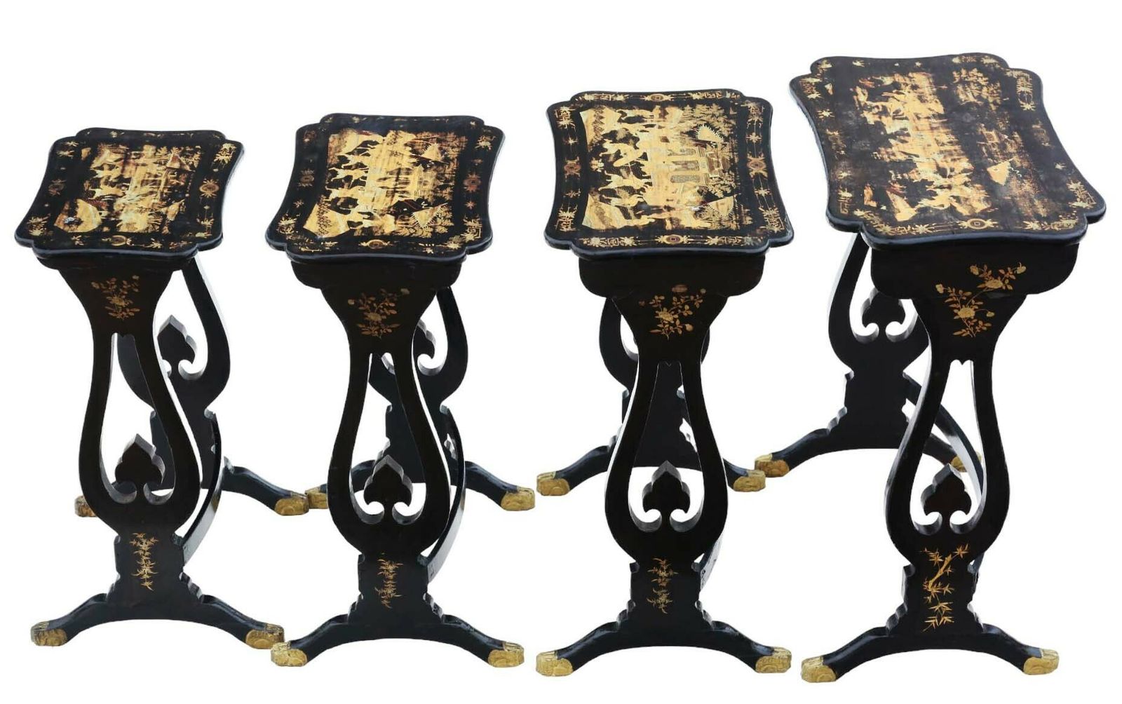 Antique Fine Quality Chinoiserie Boulle Work Black Lacquer Nest Of 4 19th Century Tables