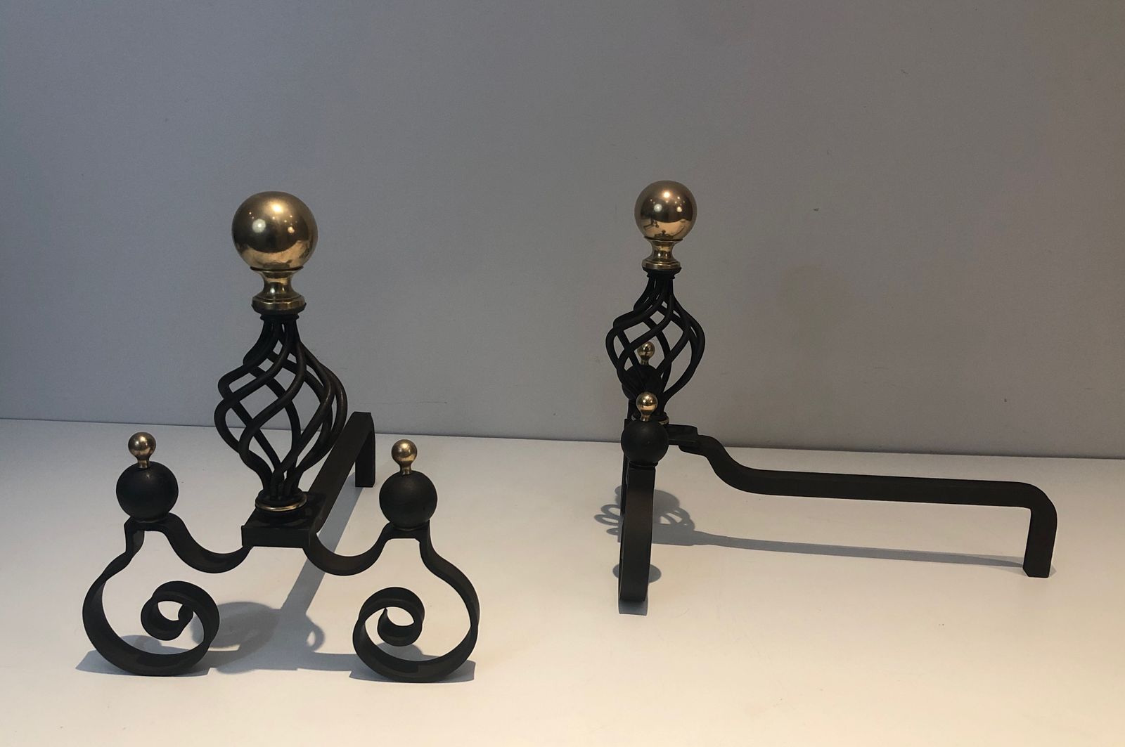 Pair Of Wrought Iron Andirons Topped With A Brass Ball photo 1250.0