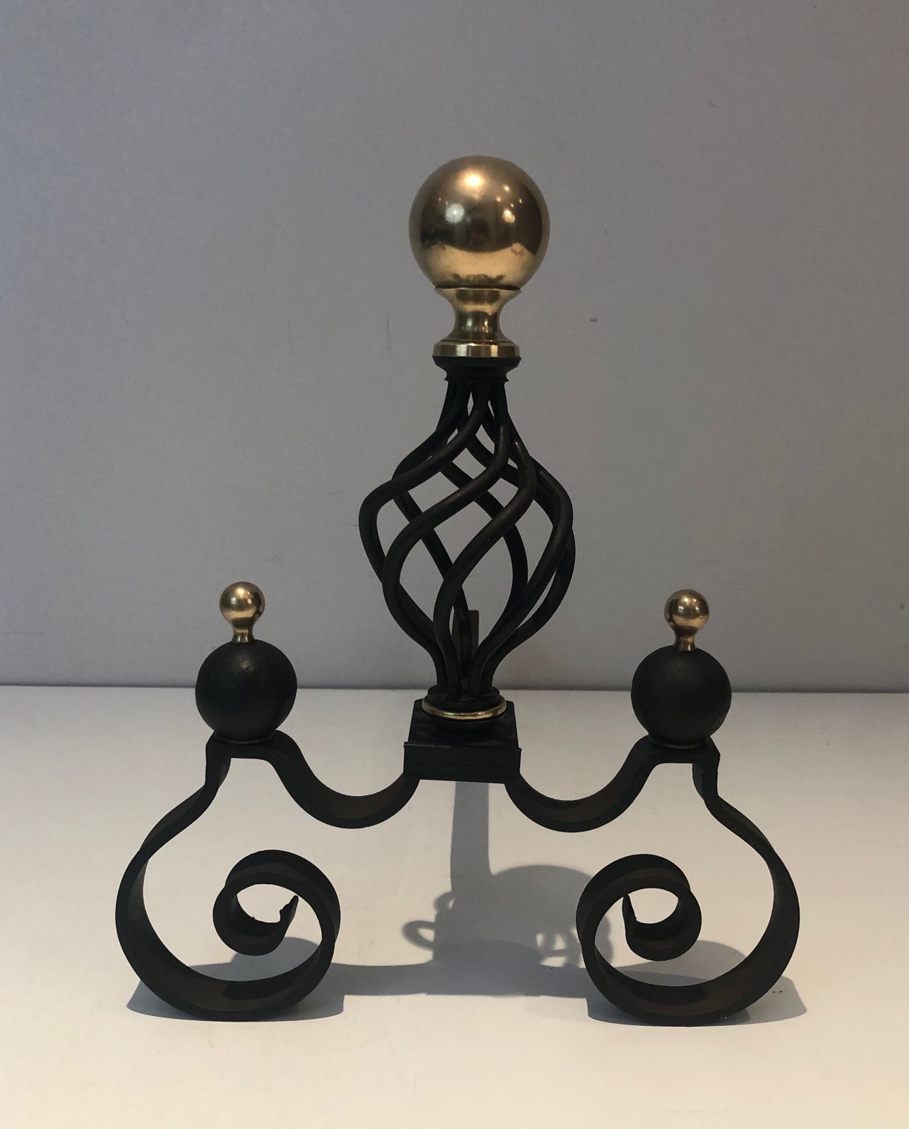 Pair Of Wrought Iron Andirons Topped With A Brass Ball photo vintage