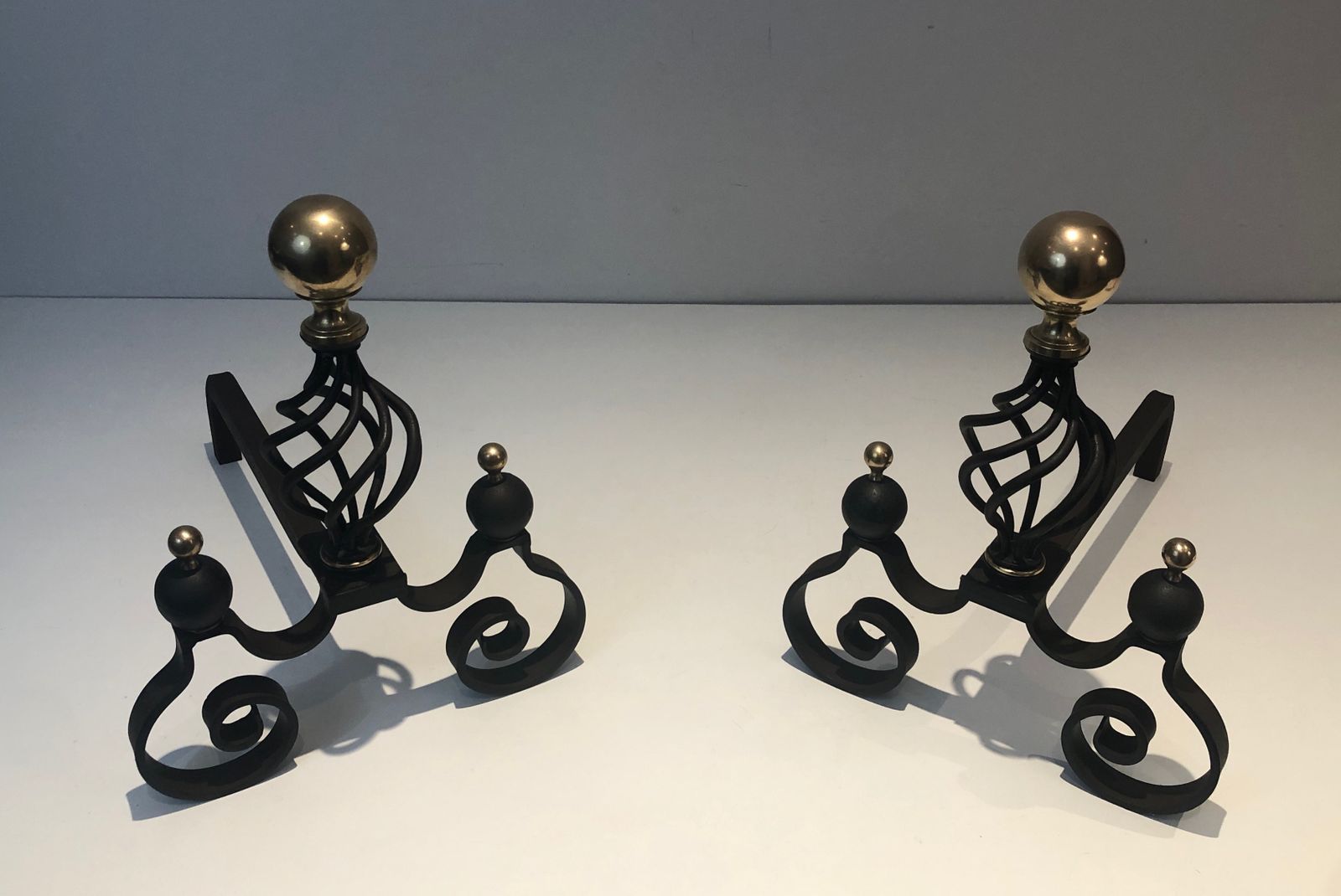 photo vinterior Pair Of Wrought Iron Andirons Topped With A Brass Ball