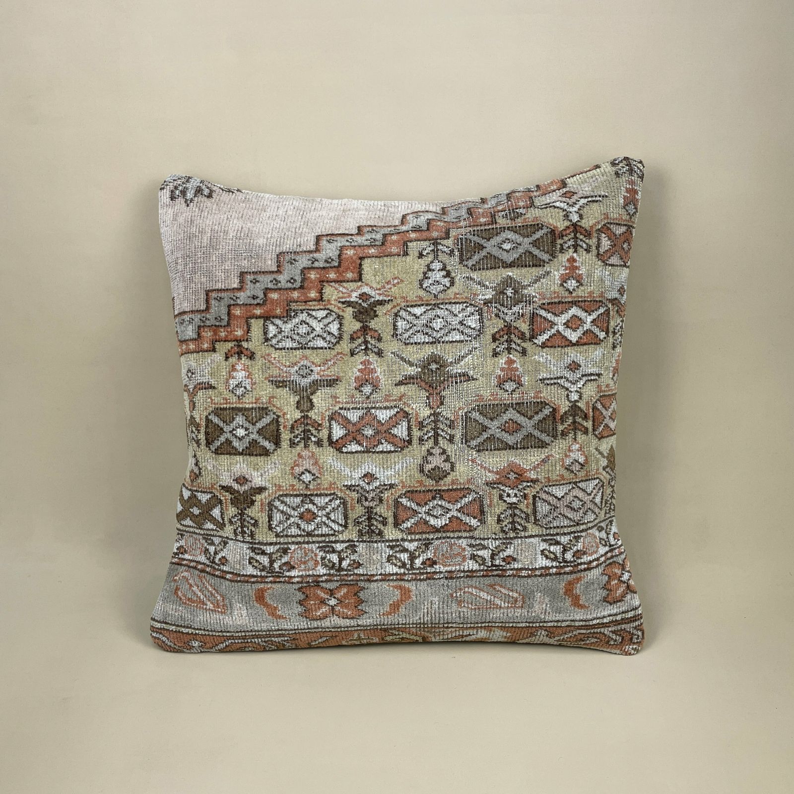 Antique Kilim Cushion Turkish Feather Filled Handwoven Patterned Beige Earthy