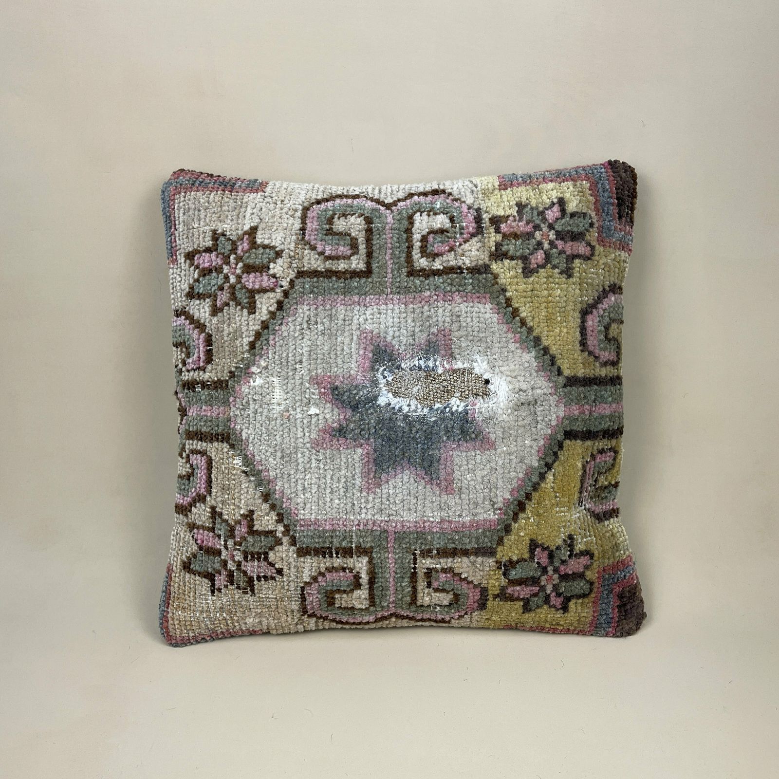 Antique Kilim Cushion Turkish Feather Filled Handwoven Patterned Beige Very Old