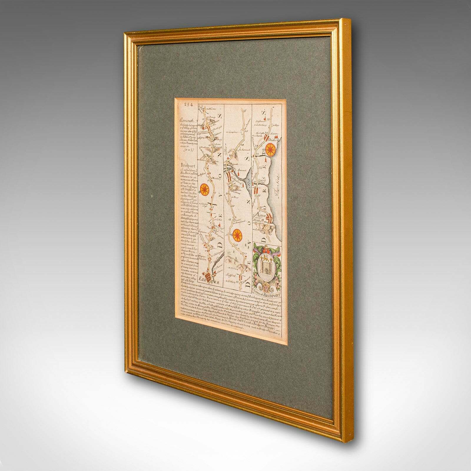 Antique Coach Road Map, East Devon, English, Framed, Cartography, Georgian, 1720 photo for sale