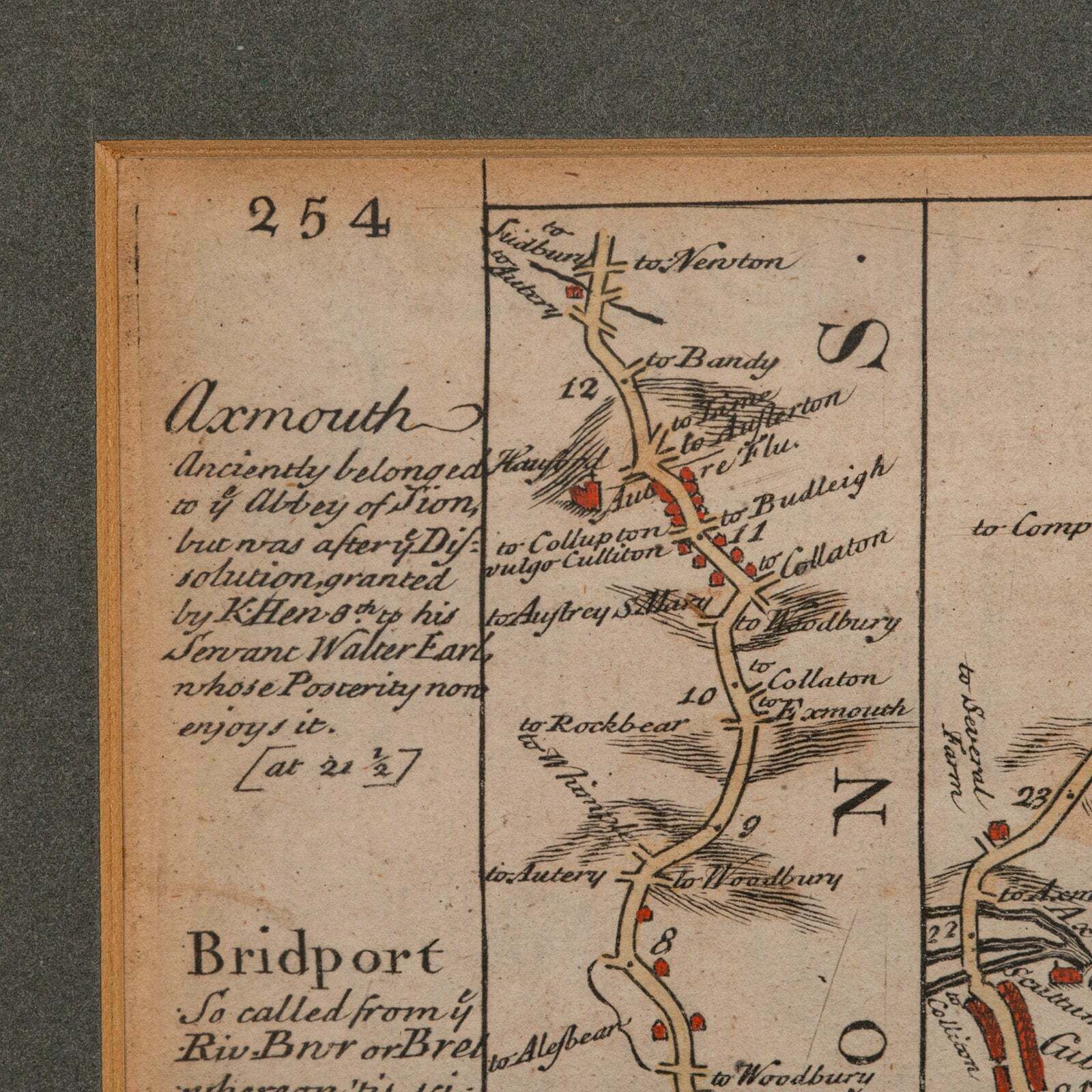 Antique Coach Road Map, East Devon, English, Framed, Cartography, Georgian, 1720 photo vinterior