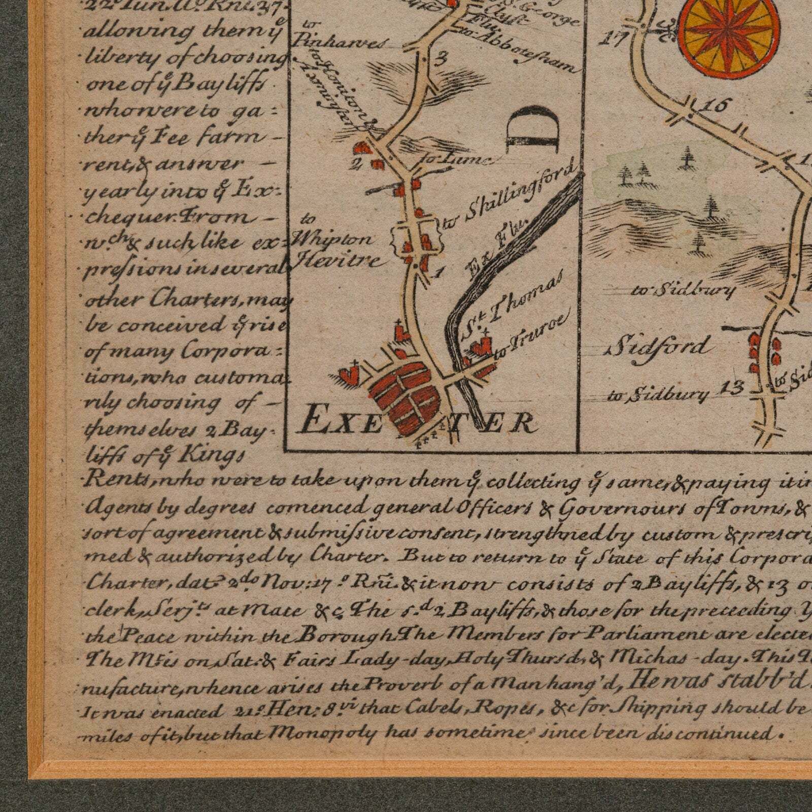 photo furniture Antique Coach Road Map, East Devon, English, Framed, Cartography, Georgian, 1720