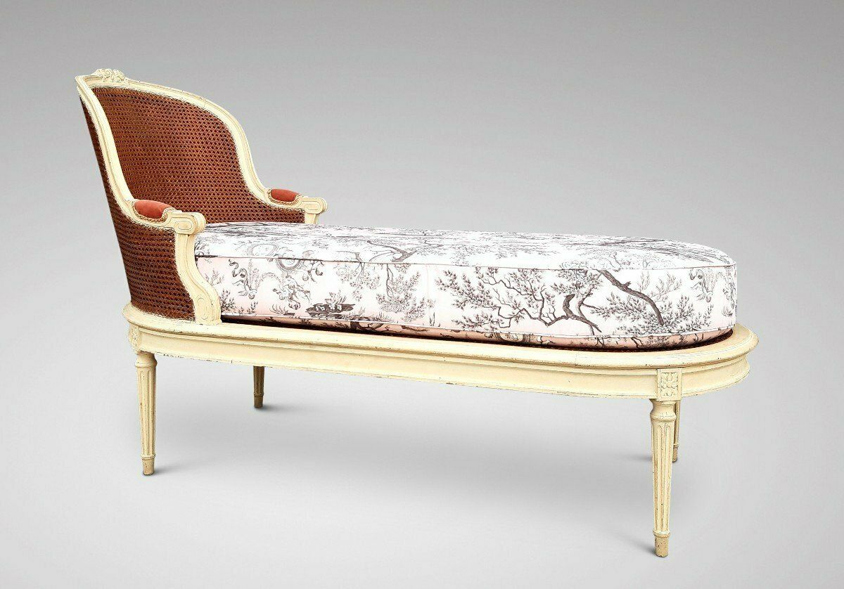 Louis XVI Style Daybed, 1800s, Antique In Cane With A Foam Seat Covered With Pink Toile De Jouy