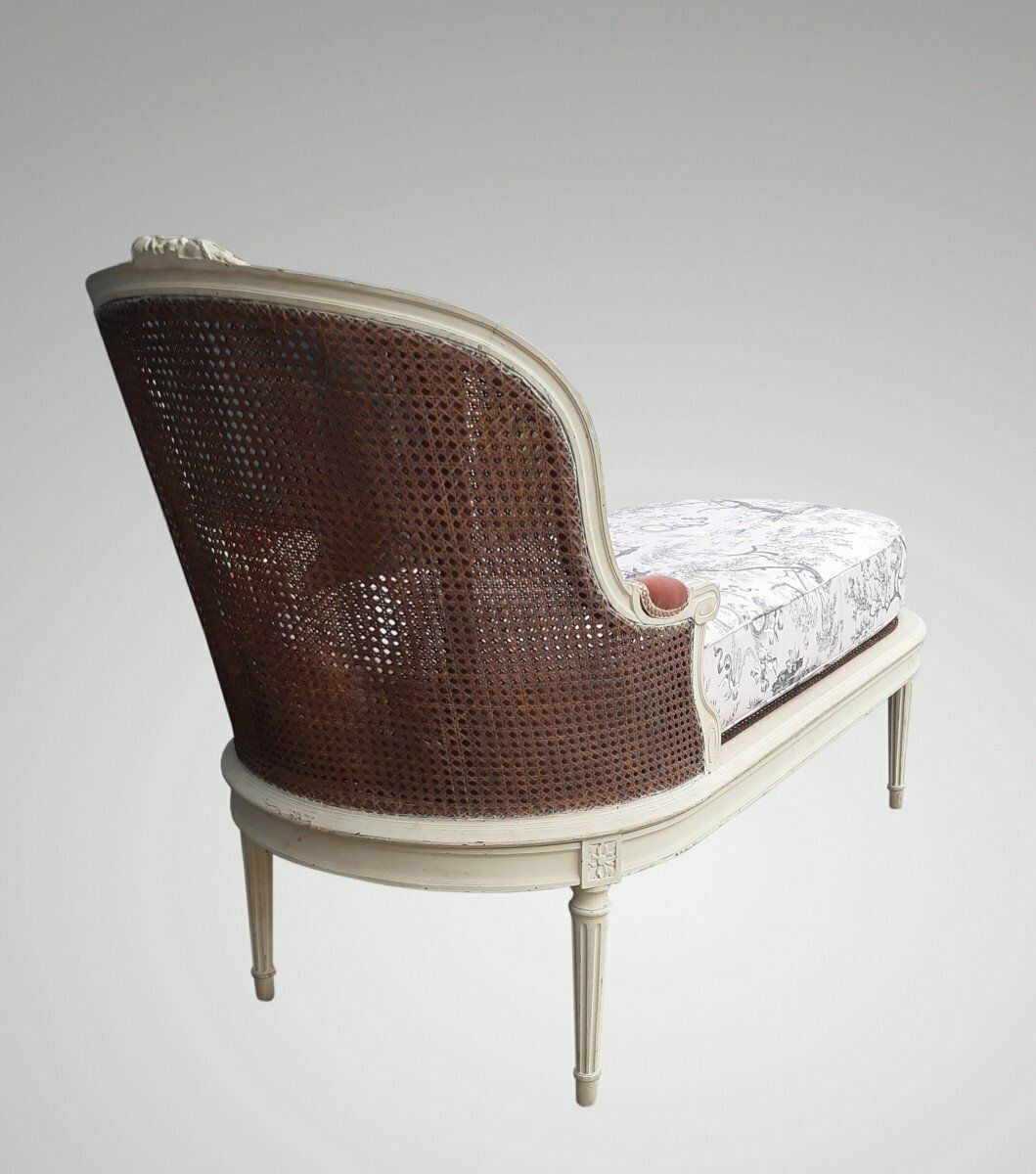 Louis XVI Style Daybed, 1800s, Antique In Cane With A Foam Seat Covered With Pink Toile De Jouy photo for sale