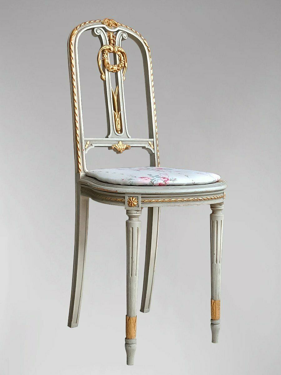 Pair Of Louis XVI Style Grey Lacquered Wooden Chairs With Fabric Flowers Jean Monro photo Furniture