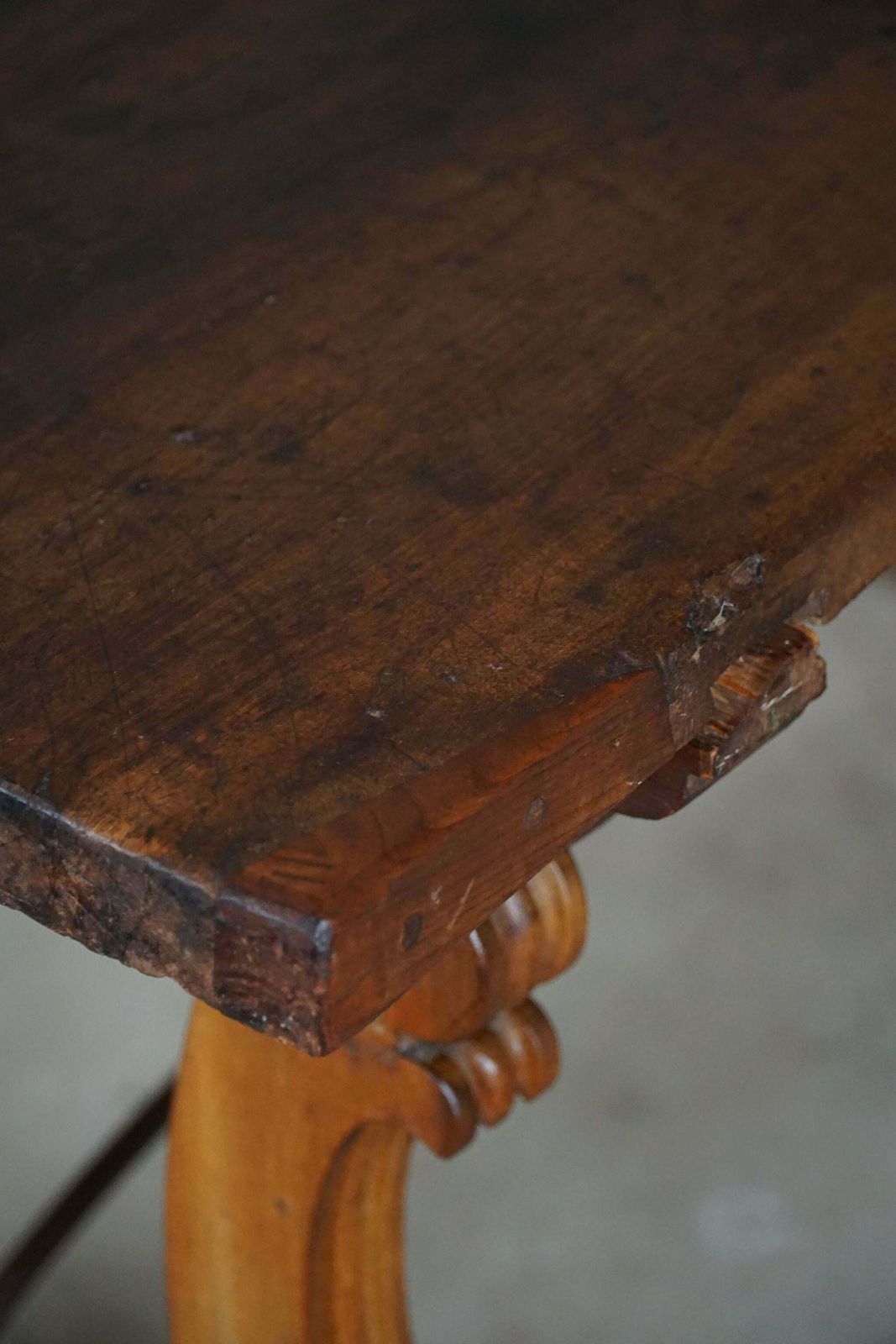 Furniture Antique Spanish Brutalist Table In Solid Oak & Wrought Iron, 19th Century photo