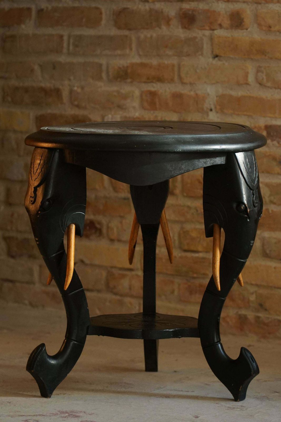 Ebonized Hardwood Side Table With 3 Elephant Head Legs, East Indian, 1920s photo buy