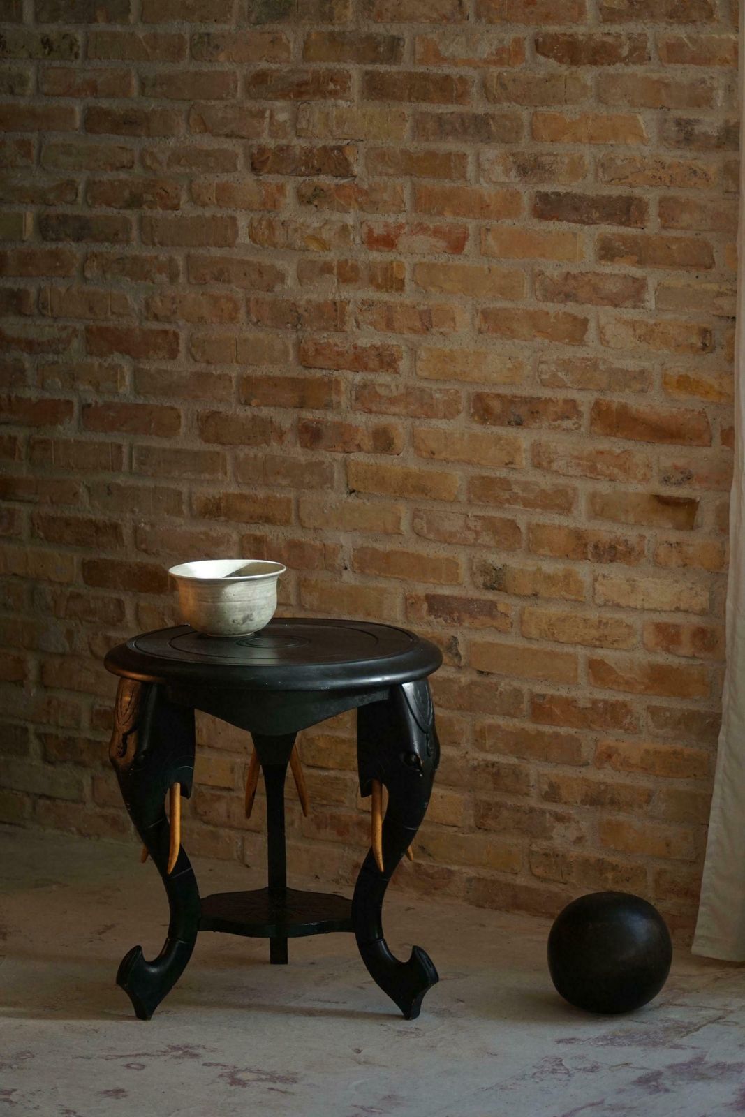 photo for sale Ebonized Hardwood Side Table With 3 Elephant Head Legs, East Indian, 1920s