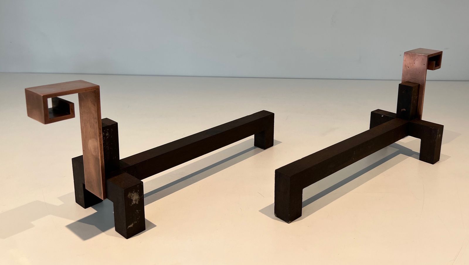 Pair Of Modernist Chenets In Copper And Forged Iron photo vinterior