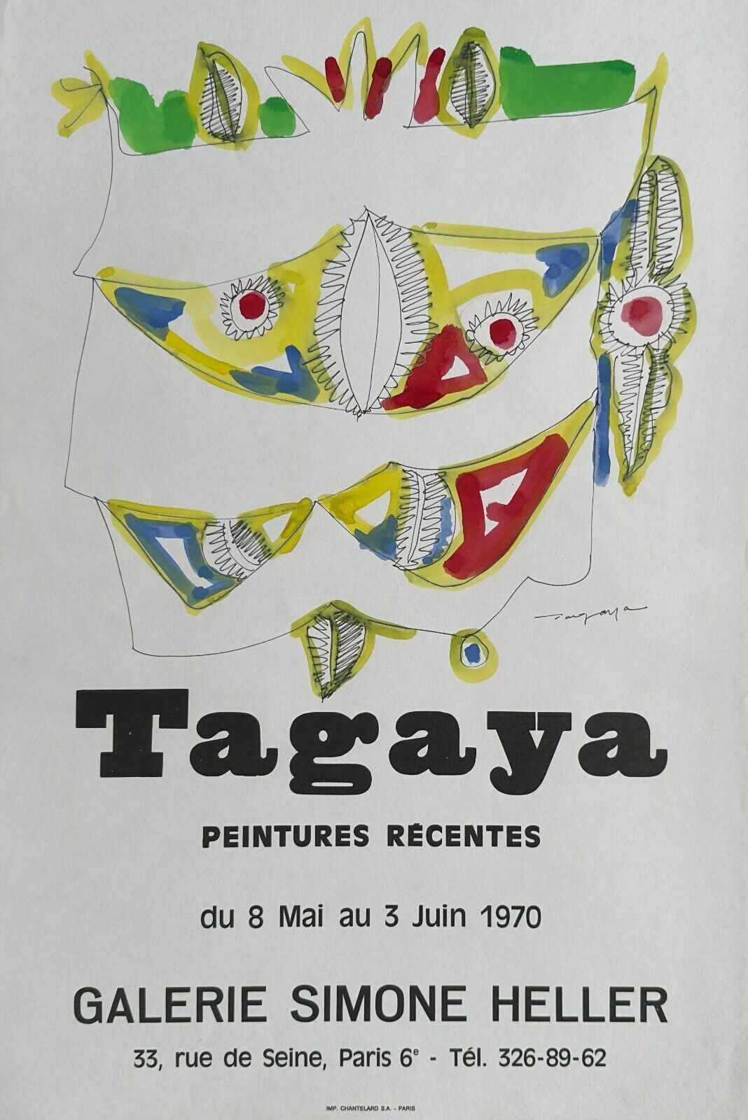 Itoku Tagaya Drawing Painting Signee Expo Paris 1970 Japan Signed Drawing