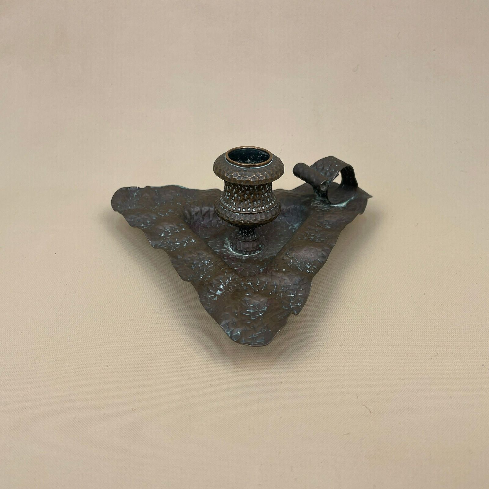 Antique Copper Metal Candlestick Chamber Candle Stick Handle Ornate Patterned Base Vintage Triangle Handle Arts And Crafts Taper Dinner
