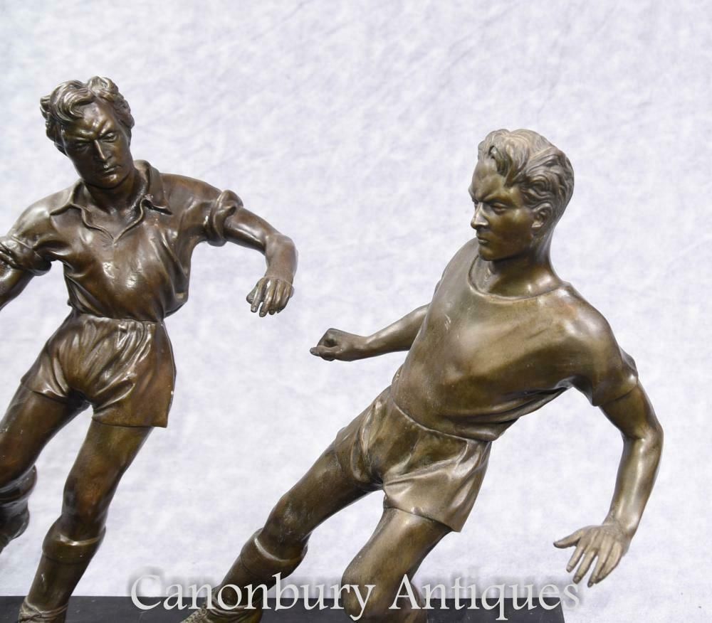 Pair English Bronze Football Players Soccer Art Sport photo vintage