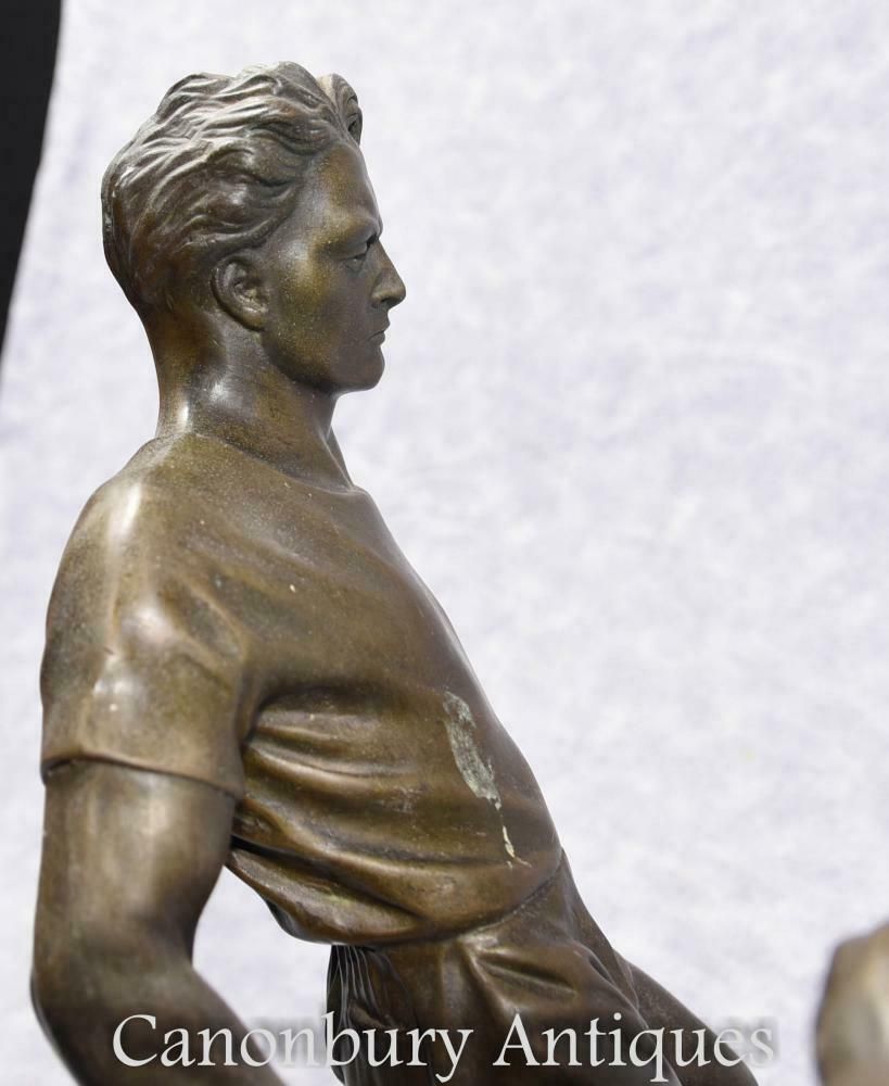 Home Decor Pair English Bronze Football Players Soccer Art Sport photo