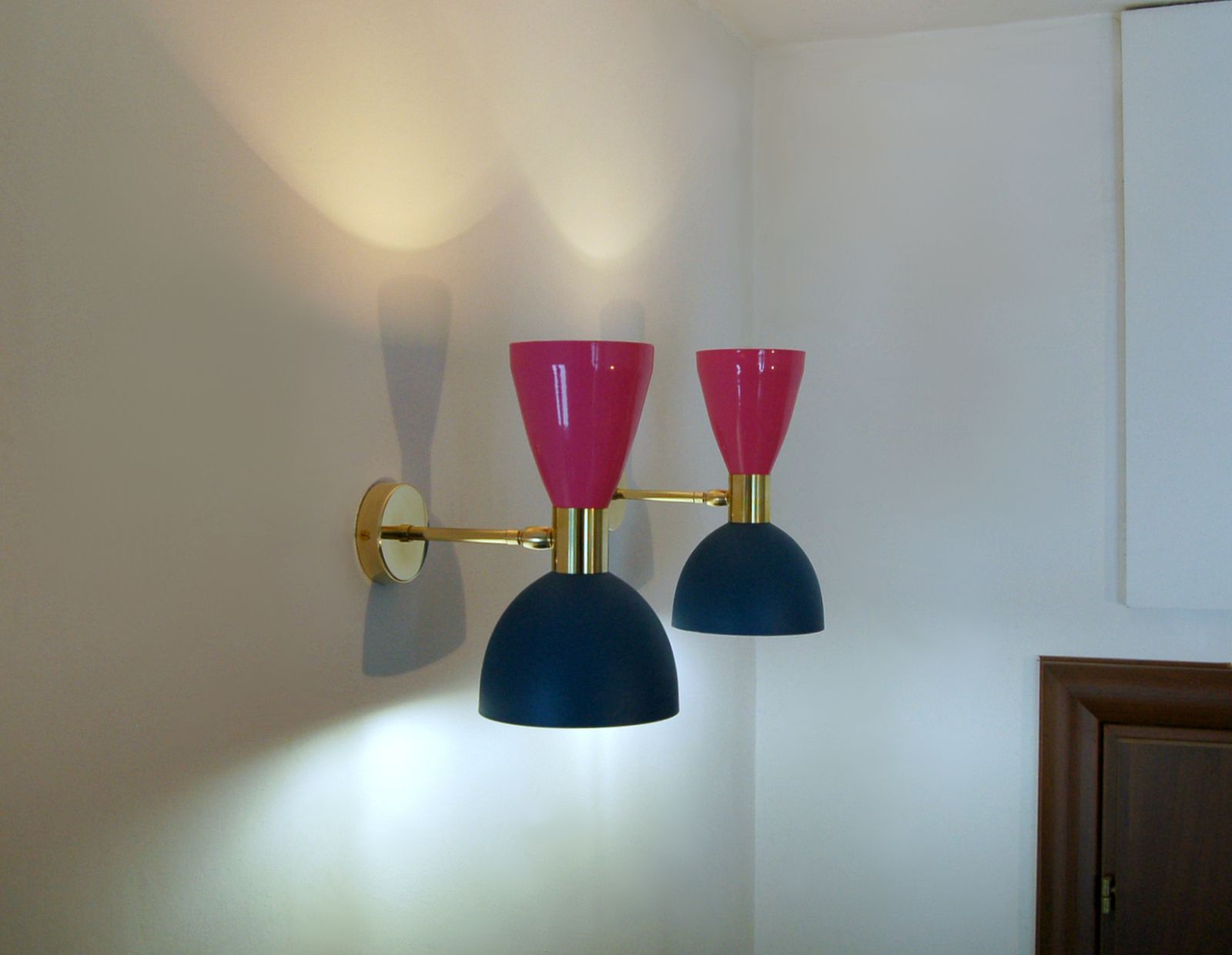 Pair Of Wall Lamp Metal And Brass, Pink / Blue Opaque   Style '50 photo buy