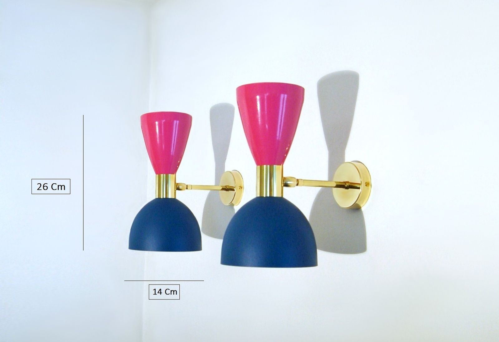 Pair Of Wall Lamp Metal And Brass, Pink / Blue Opaque   Style '50 photo 280.0