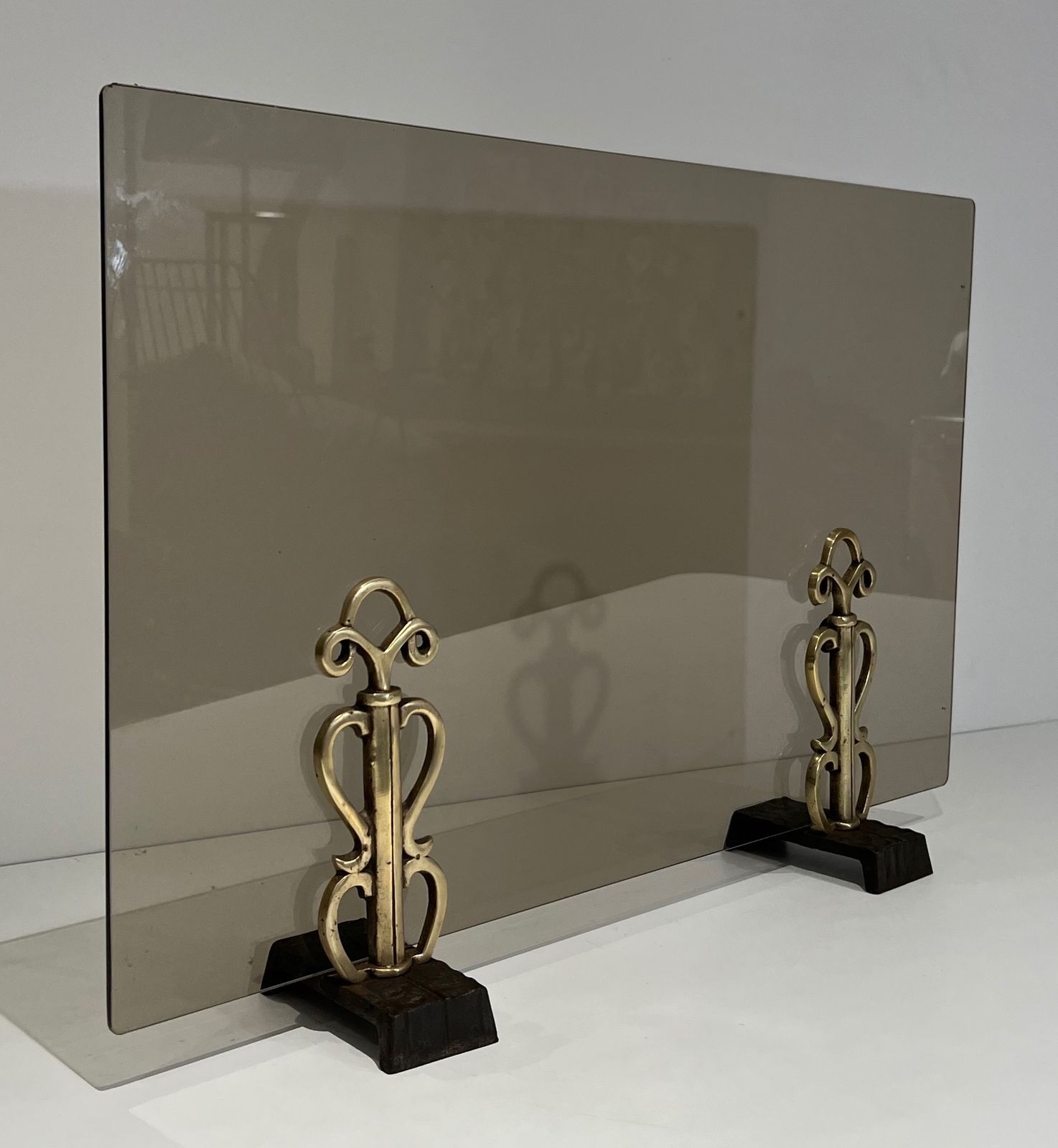 1650.0 Modernist Fire Screen In Smoked Glass And Bronze photo