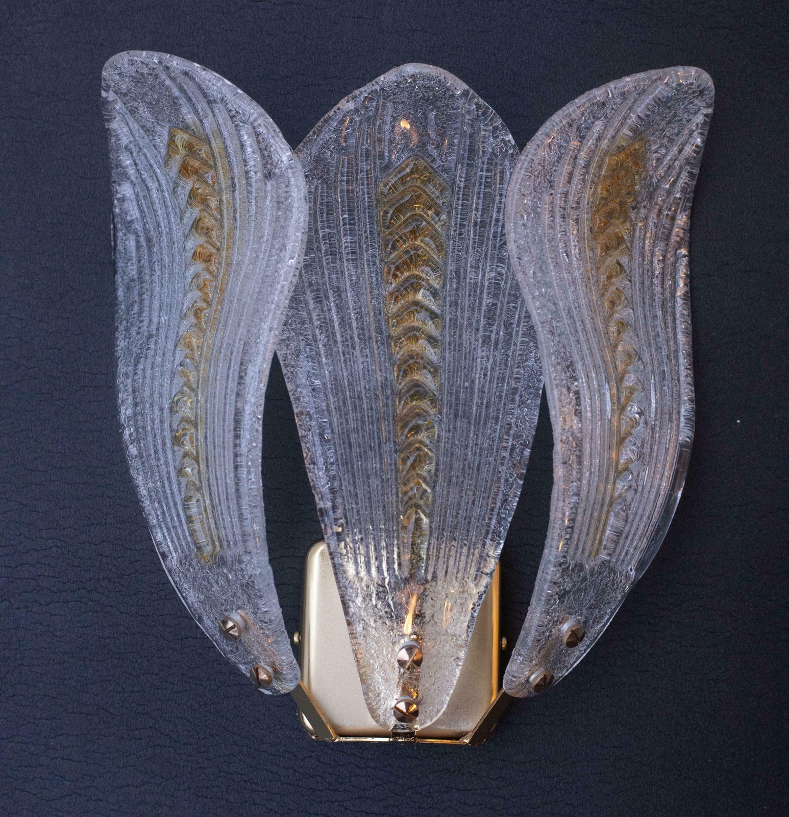 1657.0 Set Of 3 Murano Wall Yellow Light Transparent Leaves, 1980s photo