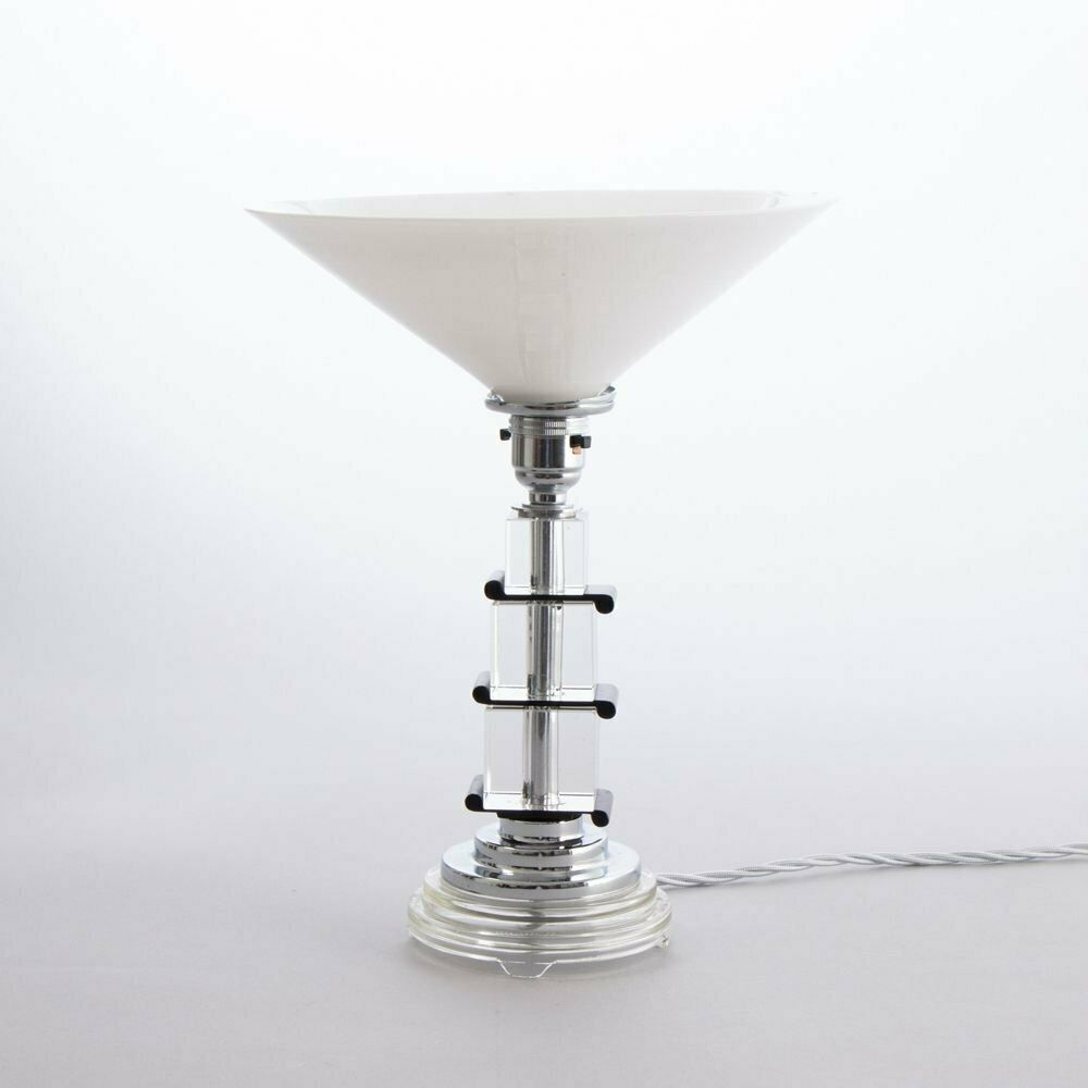 Art Deco Table Lamp On Stepped Glass Base With Original Opal Glass Coolie Shade