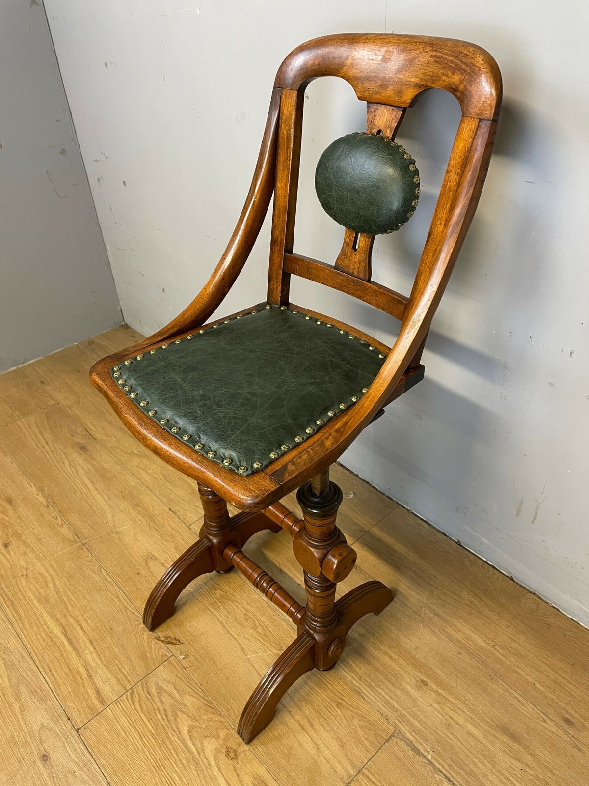 Late C19th Patent Music Chair In Green Leather