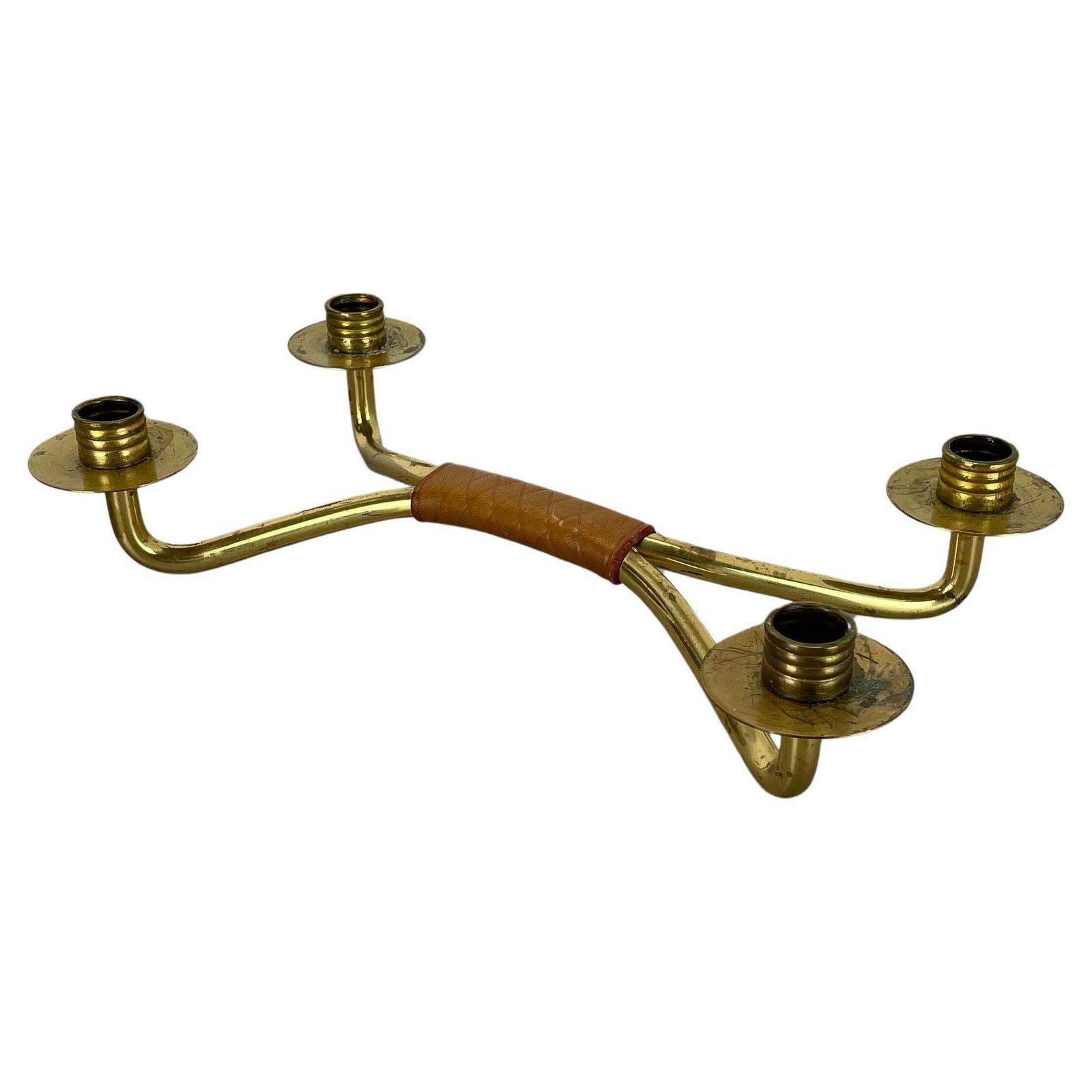 Modernist Auböck Style Brutalist Brass And Leather Candleholder, Austria 1950s