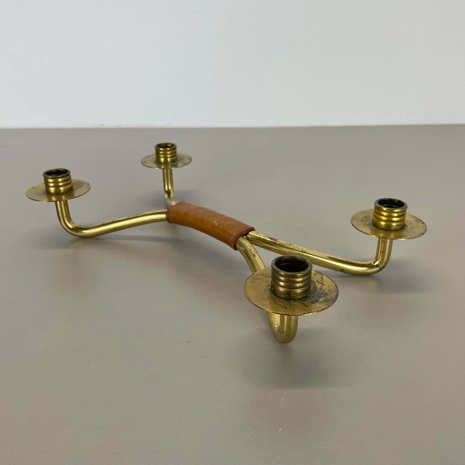 Modernist Auböck Style Brutalist Brass And Leather Candleholder, Austria 1950s photo furniture