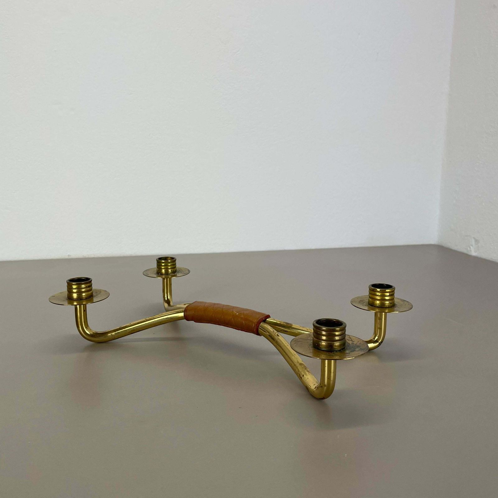 Modernist Auböck Style Brutalist Brass And Leather Candleholder, Austria 1950s photo for sale