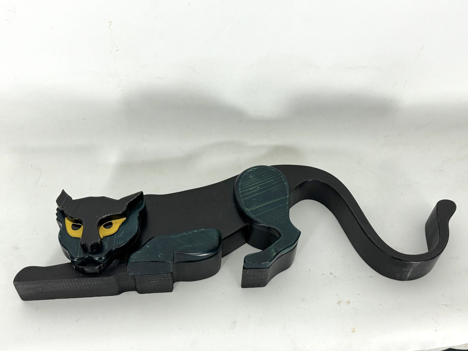 Vintage Italian Black Panther Sculpture In Thick Wood. Italy 1980s photo vintage