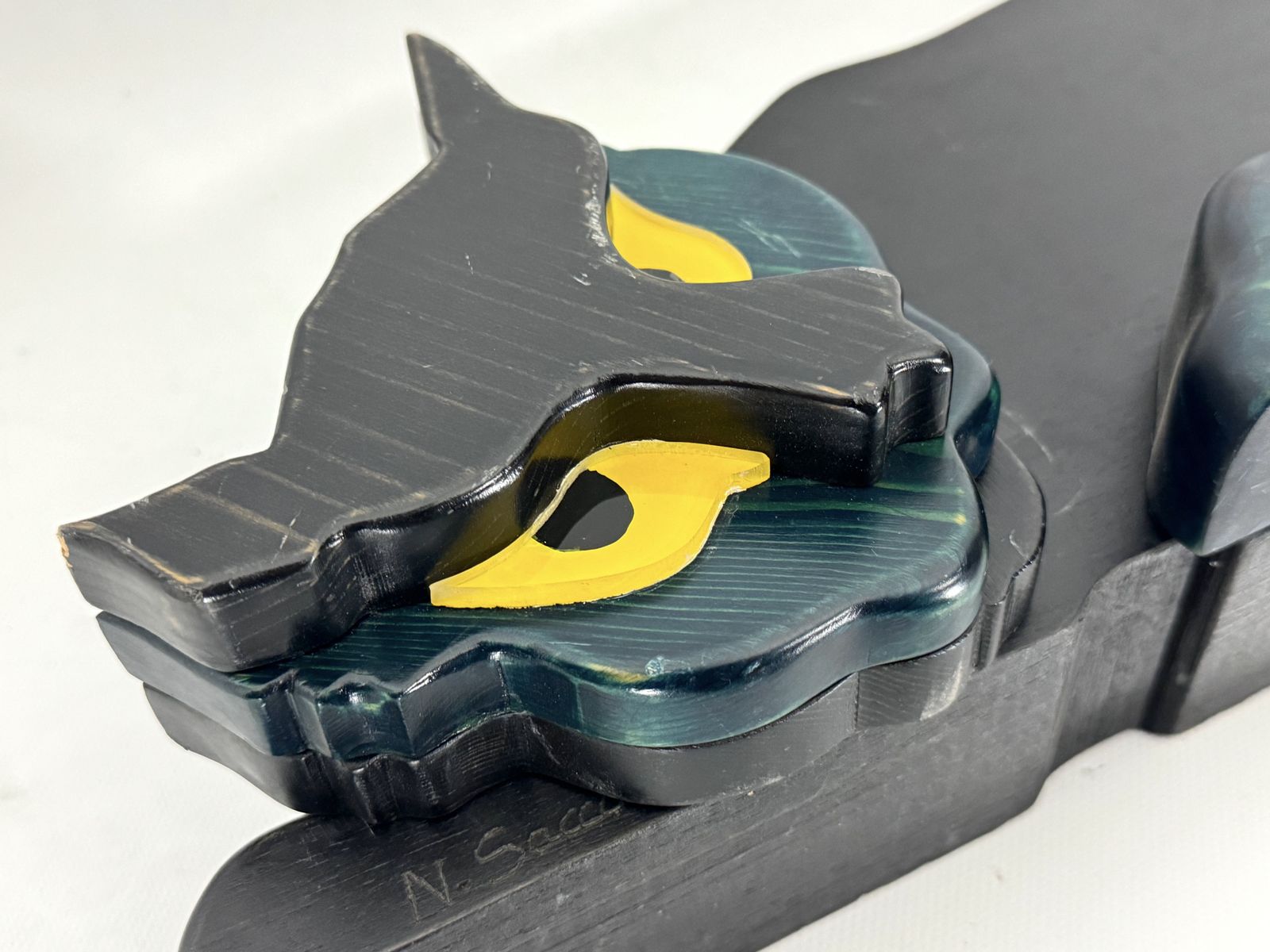 photo for sale Vintage Italian Black Panther Sculpture In Thick Wood. Italy 1980s