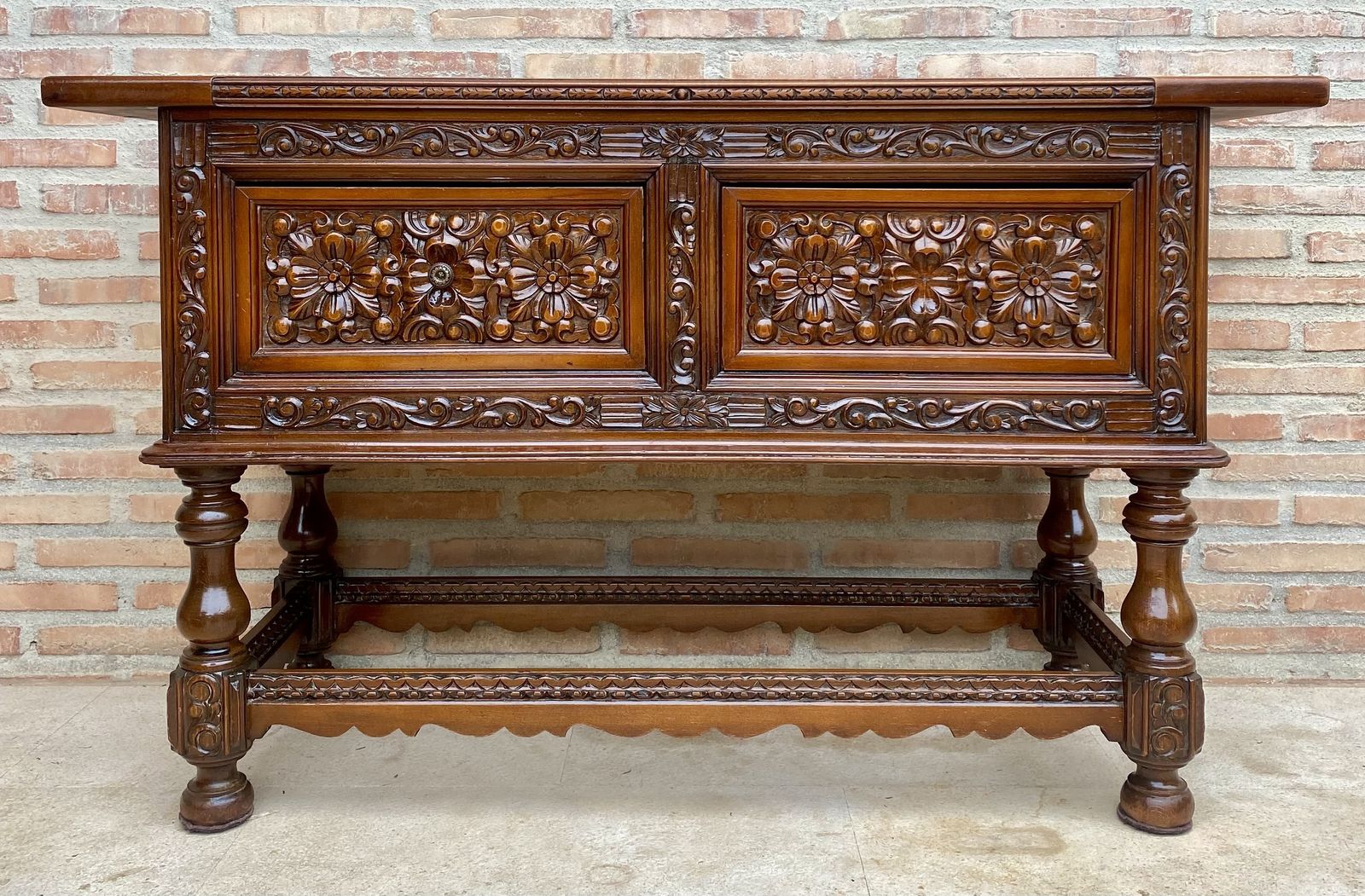 Spanish Console With Four Carved Drawers And Original Hardware