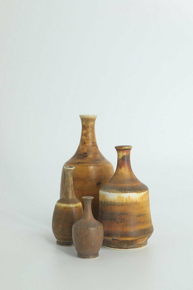 Small Mid Century Scandinavian Modern Collectible Honey Brown Stoneware Vases By Gunnar Borg For Höganäs Ceramics, 1960s, Set Of 4 photo for sale